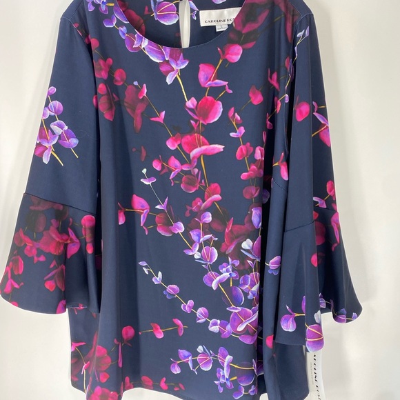 Caroline Rose NWT Navy Fuchsia Floral Bell Sleeve Tunic Top L $428 - Picture 3 of 8